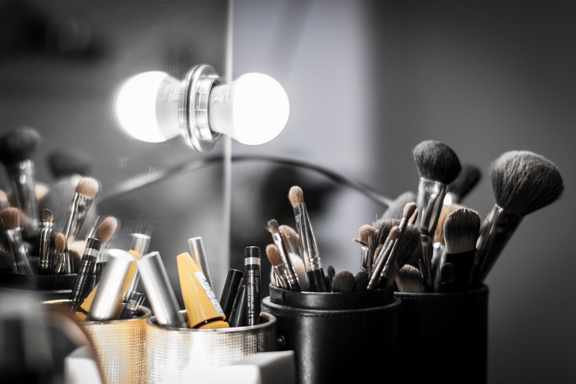 Makeup Brushes in Black Bucket